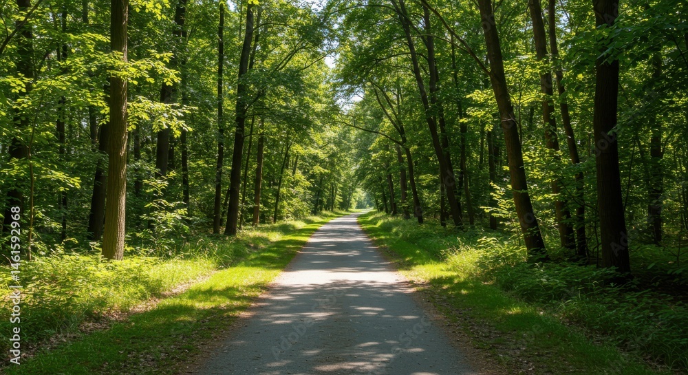 Fototapeta premium Sunlit path through emerald forest trees arching overhead