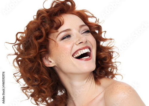 Smiling woman with curly red hair on a clear background