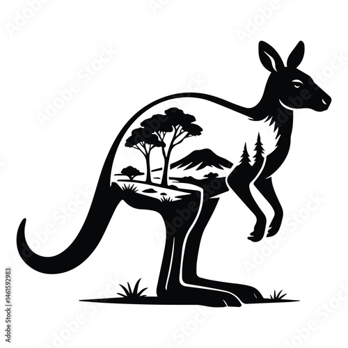Cangaroo Forest Nature vector, Animal forest scene illustration, Jungle Animals silhouette design
