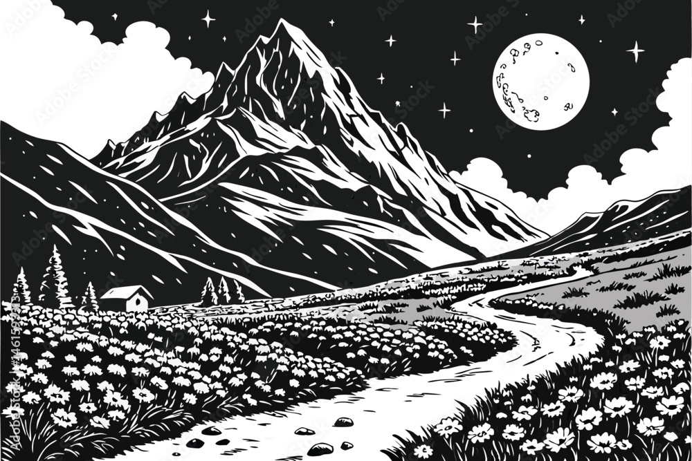 Fototapeta premium 4 Black and white illustration, majestic mountain landscape, full moon, starry night sky, fluffy clouds, winding path, distant buildings, blooming flowers in foreground, circular composition, intricat