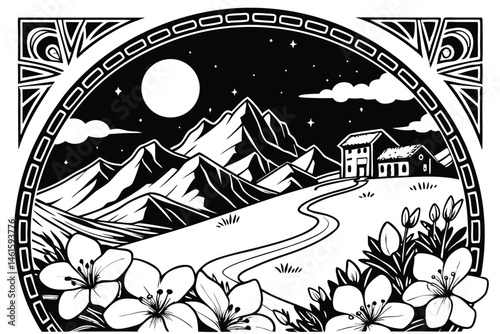 4 Black and white illustration, majestic mountain landscape, full moon, starry night sky, fluffy clouds, winding path, distant buildings, blooming flowers in foreground, circular composition, intricat