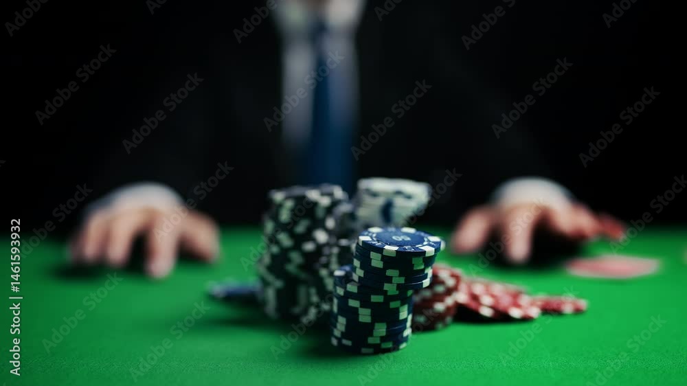 Man in suit pushing stacks of chips forward, going all-in at poker table