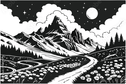 4 Black and white illustration, majestic mountain landscape, full moon, starry night sky, fluffy clouds, winding path, distant buildings, blooming flowers in foreground, circular composition, intricat