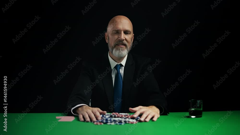 Wealthy middle-aged man in suit taking poker chips and winking after big win Wealthy middle-aged man in suit taking poker chips and winking after big win