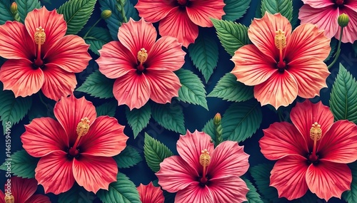 Intricate hibiscus blossoms, vibrant hues, repeating pattern, exotic, floral, pattern