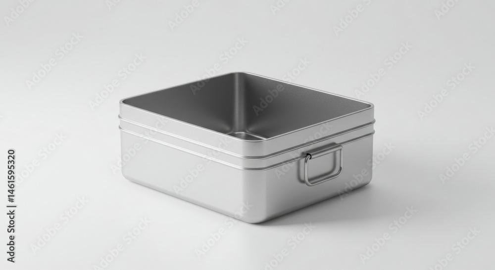 Fototapeta premium Empty, brushed metal lunchbox, resting on a plain white surface. Empty storage container with handle for food storage or organization on a simple white backdrop.