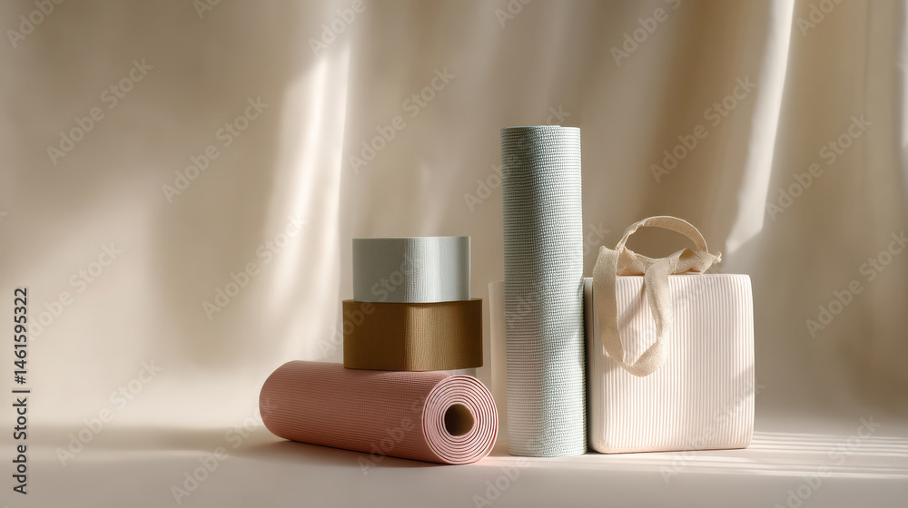 Naklejka premium serene display of yoga mats blocks and straps on minimalist background