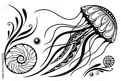 21 Abstract organic shapes, flowing lines, black and white illustration, intricate patterns, zentangle style, swirling curves, spiral motifs, botanical-inspired design, Art Nouveau influence, dynamic 