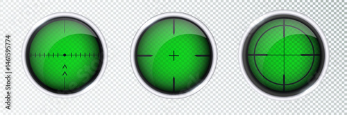 Chrome weapon sights, sniper rifle optical scopes. Sniper scope with measurement thermal imager marks template. Sniper scope crosshairs view. Realistic vector optical sight.