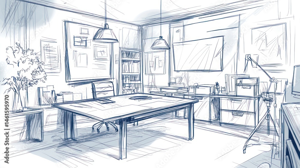 Sketch of a modern office interior design with a large desk, bookcase, and lighting. Sketch of a modern office interior design with a large desk, bookcase, and lighting.