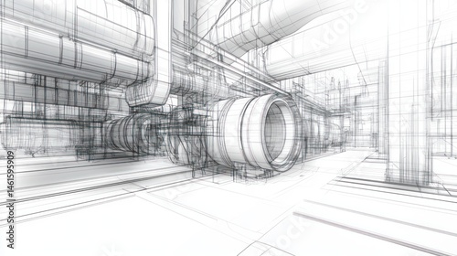 Wireframe rendering of industrial facility interior, showcasing complex machinery and piping systems.