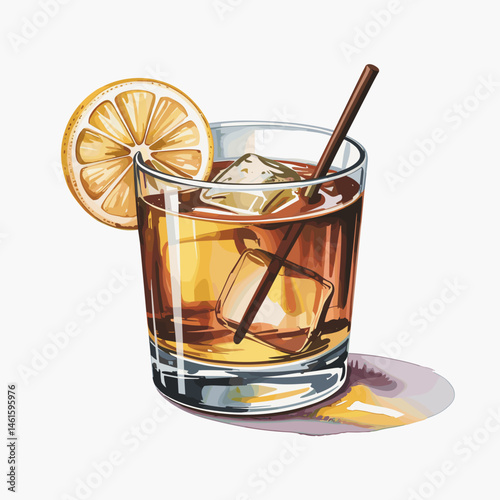 Whiskey Sour Cocktail with Lemon Slice and Ice Cubes
