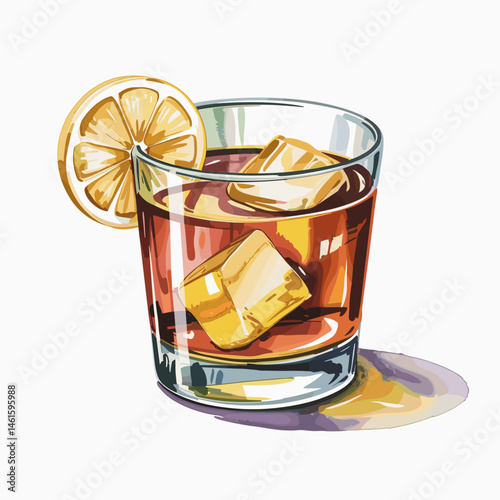 Whiskey Sour Cocktail with Lemon Slice and Ice Cubes