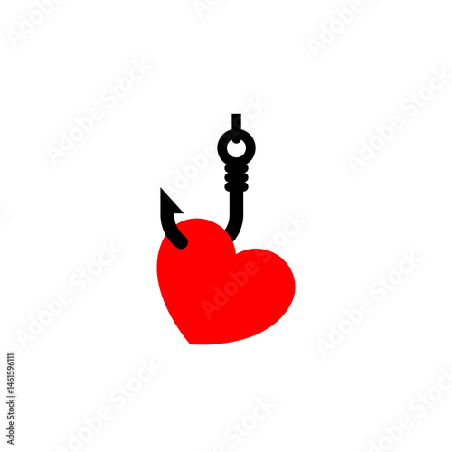 Fishing hook with heart shaped bait. The heart is hanging on a hook. Vector clipart and drawing. Isolated illustration on white background.