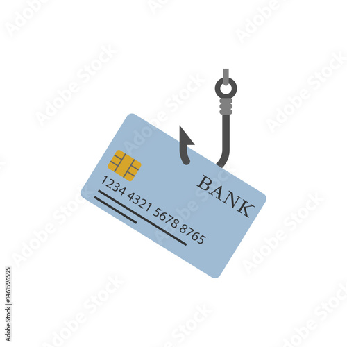 The credit card is hanging on a hook. Fishing hook with  bank card shaped bait.  Vector illustration on white background.