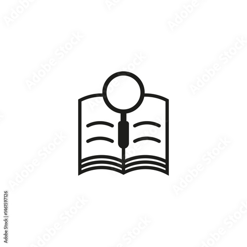 Open book with magnifying glass icon. Outline vector illustration on white background.
