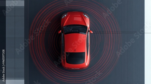 Red car viewed from above, surrounded by red sensor rings indicating autonomous driving technology.