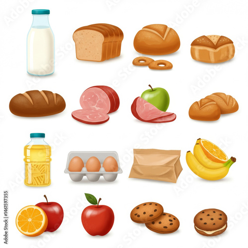 Food items collection for a grocery store or food bank illustration. Various food products displayed on a white background.
