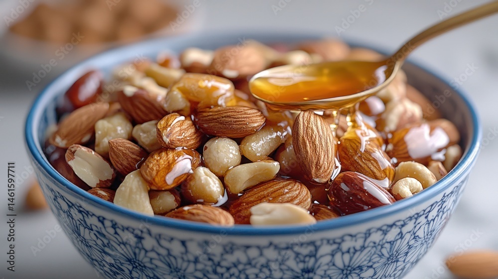 Honey-dipped mixed nuts in a bowl Honey-dipped mixed nuts in a bowl