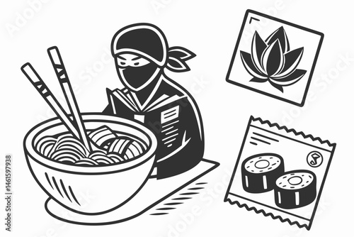 22 Black and white illustration, Japanese-inspired icons, ramen bowl with chopsticks, ninja silhouette reading book, lotus flower, sushi roll with chopsticks, simple linework, high contrast, stamp-lik