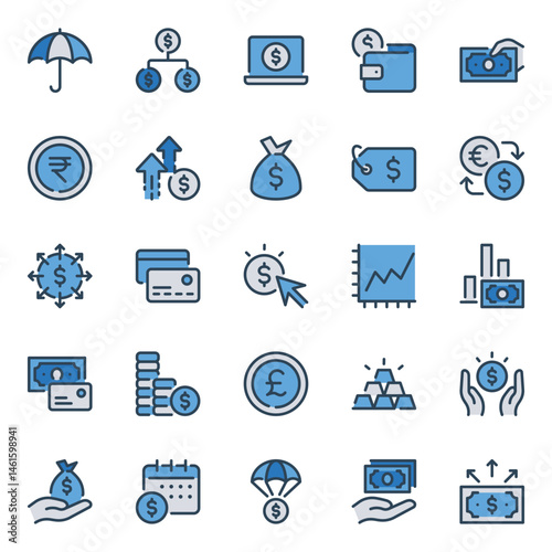 Filled blue outline icons set for Finance investing