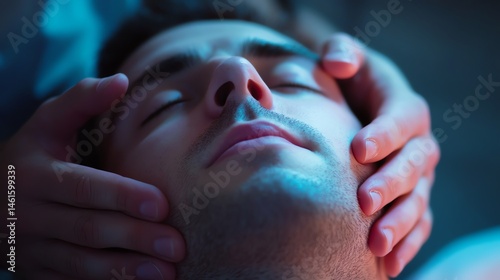 A man relaxes with closed eyes while receiving a gentle face massage in soothing blue light.