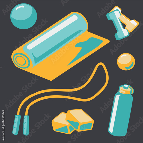 Vector illustration of essential home workout equipment including yoga mat, dumbbells, and accessories in trendy colors
