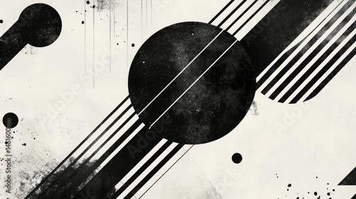 Abstract monochrome artwork with geometric shapes, lines, and grunge texture.