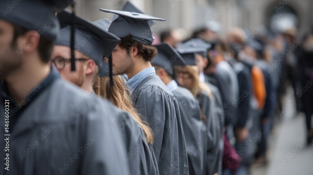 Fototapeta premium Graduating college students dressed in gray caps and gowns stand in a procession outside their university. The atmosphere is filled with anticipation and excitement as they prepare for the ceremony