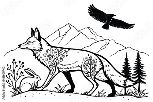 23 Black and white illustration, fox silhouette, double exposure, mountain landscape, flying raven, rabbit silhouette, pointillism technique, surreal wildlife scene, minimalist design, intricate detai
