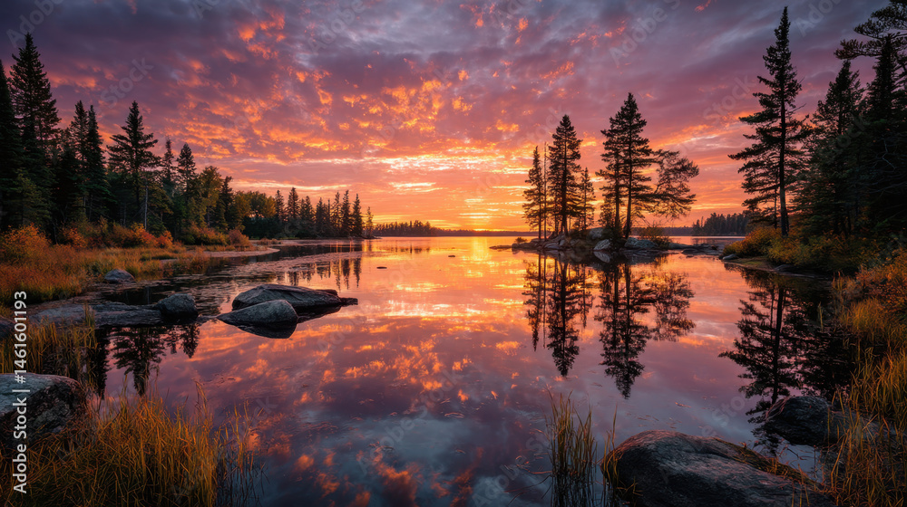 Obraz premium Vibrant Sunset over Calm Lake with Tree Reflections