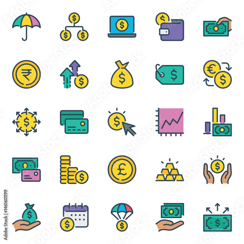 Filled outline icons set for Finance investing