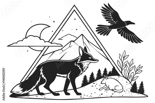 23 Black and white illustration, fox silhouette, double exposure, mountain landscape, flying raven, rabbit silhouette, pointillism technique, surreal wildlife scene, minimalist design, intricate detai