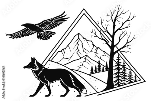 23 Black and white illustration, fox silhouette, double exposure, mountain landscape, flying raven, rabbit silhouette, pointillism technique, surreal wildlife scene, minimalist design, intricate detai