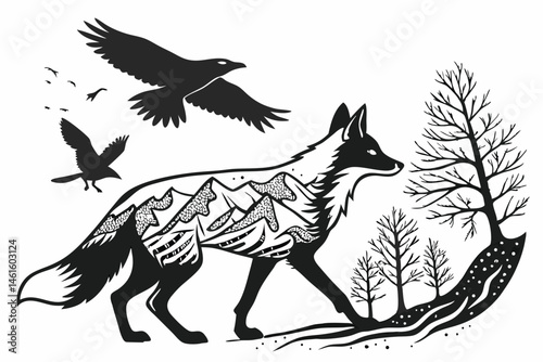 23 Black and white illustration, fox silhouette, double exposure, mountain landscape, flying raven, rabbit silhouette, pointillism technique, surreal wildlife scene, minimalist design, intricate detai