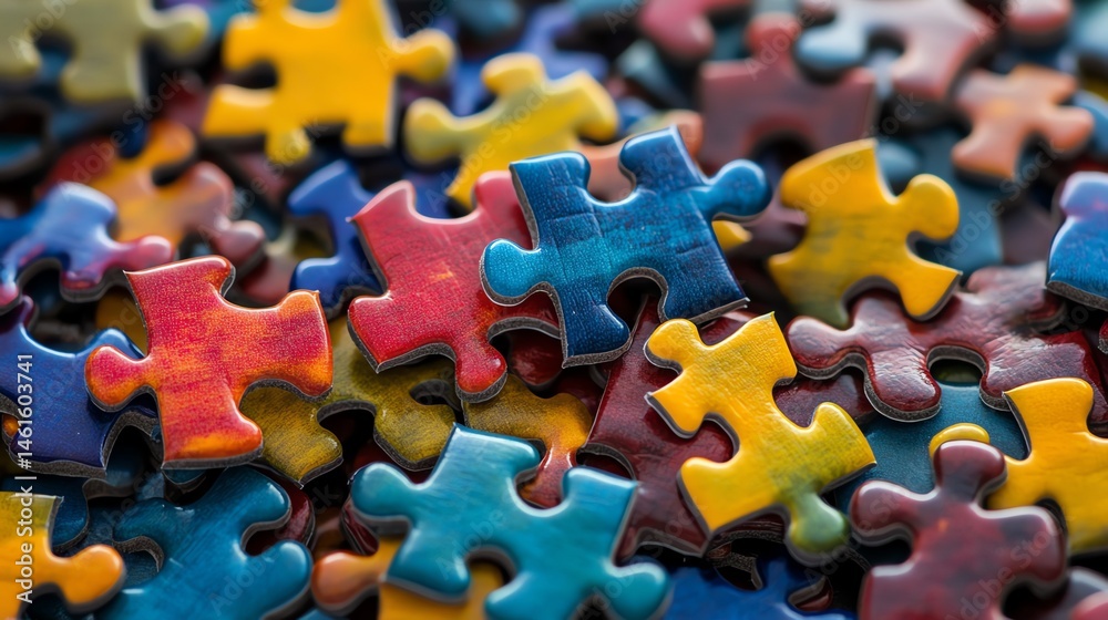 Fototapeta premium A colorful pile of interlocking jigsaw puzzle pieces spread out randomly.