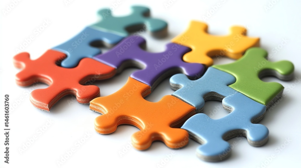 Fototapeta premium Colorful jigsaw puzzle pieces interlocked on a white surface, symbolizing connection and problem-solving.