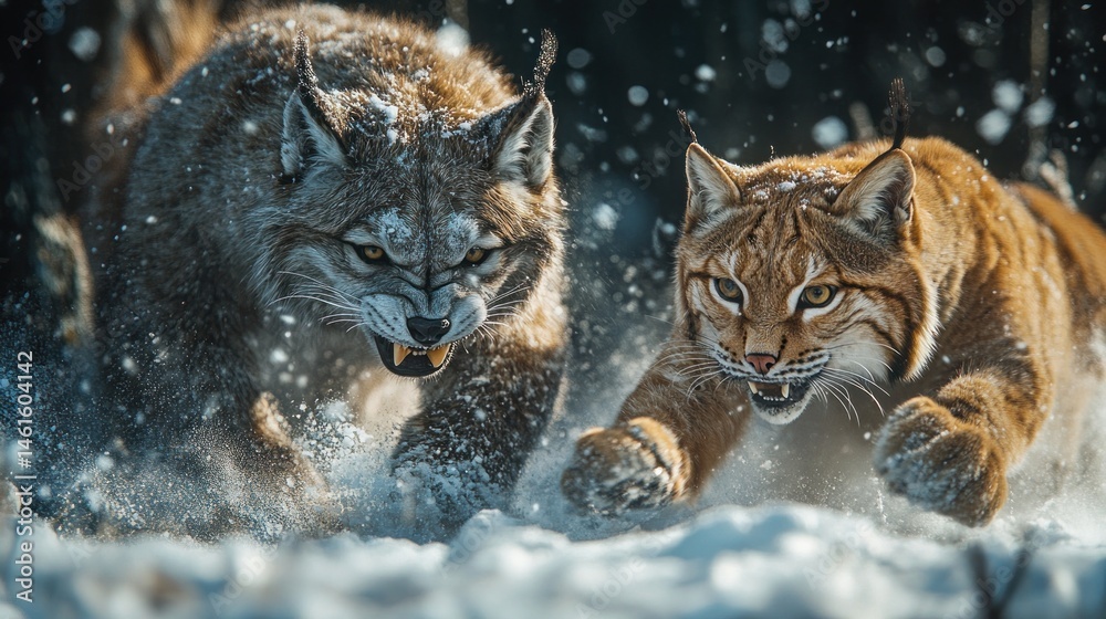 Fototapeta premium Lynxes hunting in snowy forest