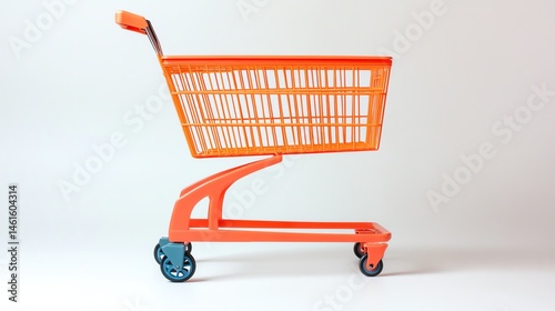 Bright orange shopping cart on a white background, isolated and empty, facing right.