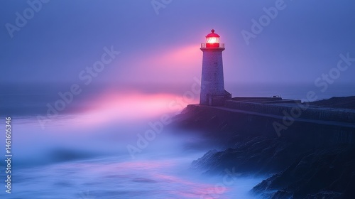 Coastal lighthouse at twilight, illuminated by a vibrant beam.