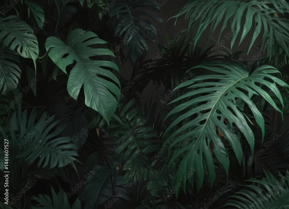 Fototapeta premium Bold, abstract tropical leaves, black & deep green gradients, sharp lines , jungle, pattern, black