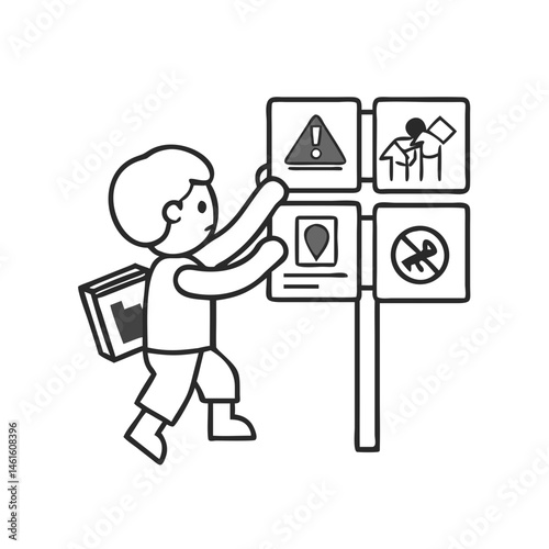 Child observing traffic signs with caution on a black-and-white background