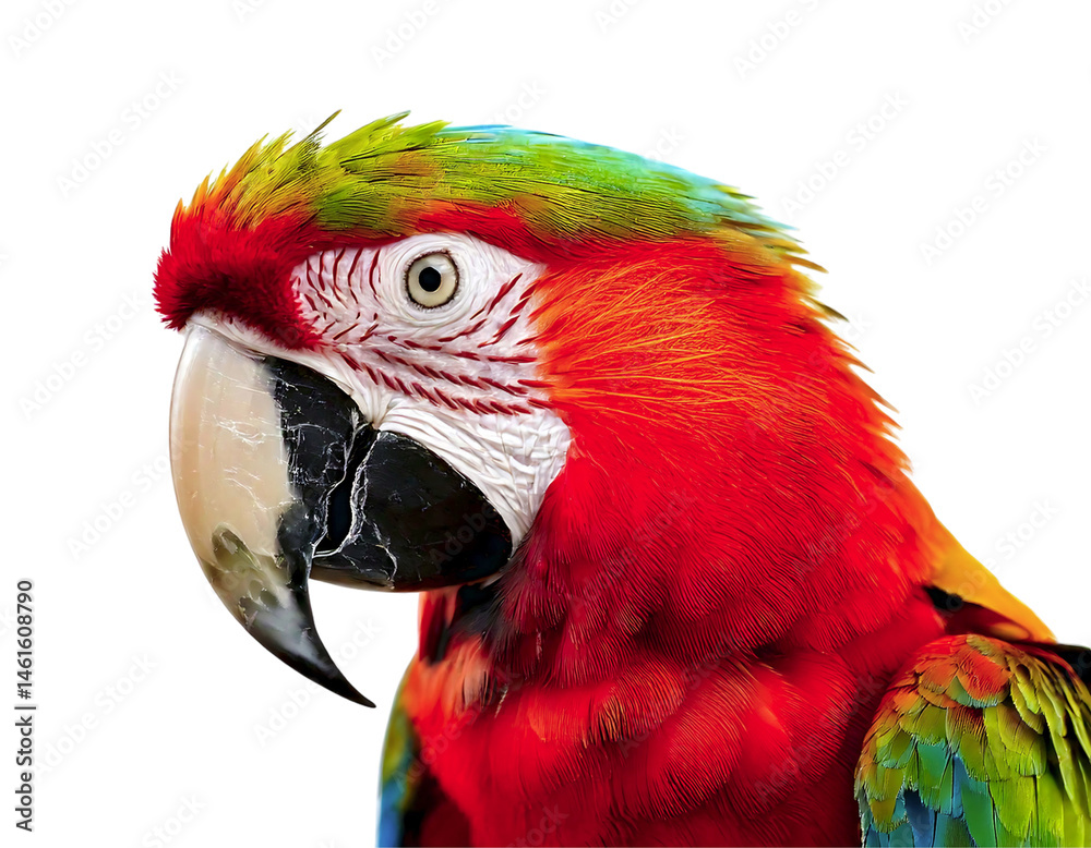 Obraz premium Vivid closeup of a scarlet macaws head, showcasing its vibrant red, green, and blue feathers. The detailed texture and intense colors make it perfect for nature, wildlife, or tropical themes.