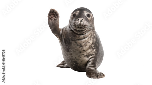 Cute grey seal pup waves its flipper enthusiastically against a clean white background in a studio shot.