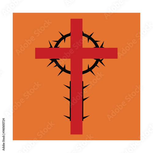 Red cross with crown of thorns on orange background symbolizing christianity faith