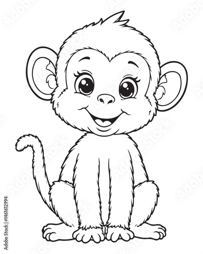 Cute cartoon monkey sitting with a playful expression. Black and white line art illustration for children's coloring book. Happy monkey drawing.