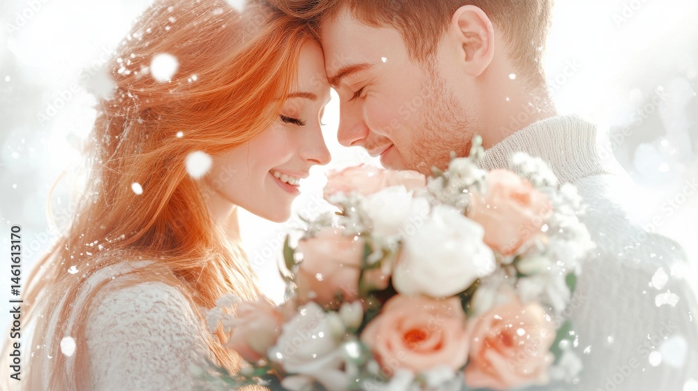 Naklejka premium Romantic couple sharing a tender moment, engaged pair holding flowers, soft focus background, perfect for wedding themes.