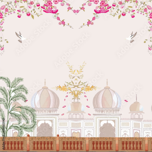Traditional Mughal forest, garden, arch, peacock, bird illustration. vector mural plant wallpaper Rajasthan