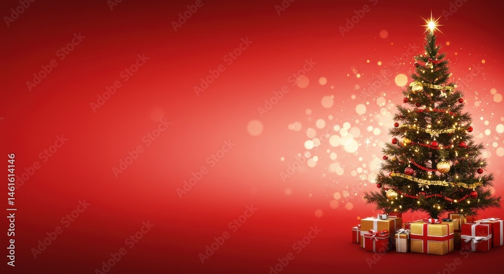 Sparkling Christmas cheer A tree gifts bathed in festive red bokeh light Sparkling Christmas cheer A tree gifts bathed in festive red bokeh light