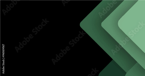 Vector illustration of an abstract geometric background. In the bottom left corner, there are layered, nested chevron shapes pointing towards the upper right. These shapes are composed of garden green